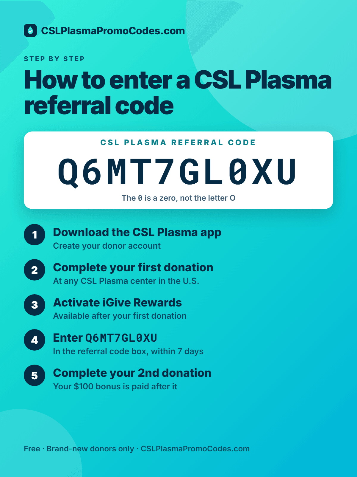 Infographic: 5 steps to enter CSL Plasma referral code Q6MT7GL0XU in the CSL Plasma app